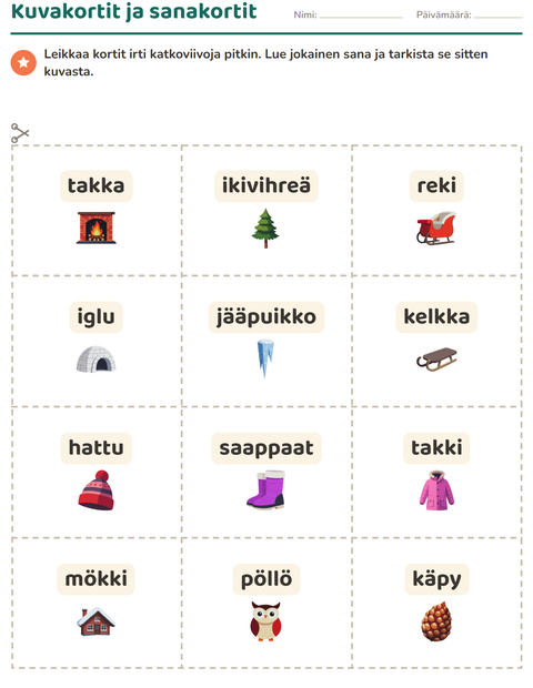 Esikatselu: Kuvakortit-tehtäväarkki, aiheena Talvi, Esiopetus