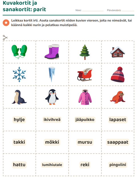 Esikatselu: Kuvakortit-tehtäväarkki, aiheena Talvi, Esiopetus