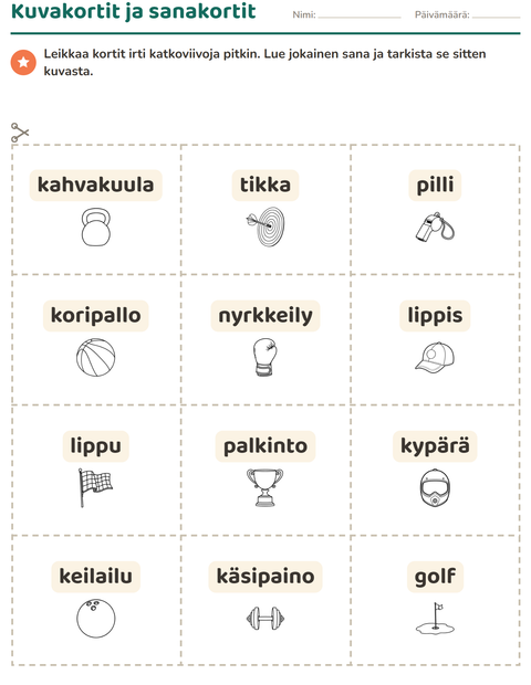 Esikatselu: Kuvakortit-tehtäväarkki, aiheena Urheilu MV, Esiopetus