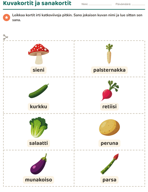 Esikatselu: Kuvakortit-tehtäväarkki, aiheena Vihannekset, Esiopetus