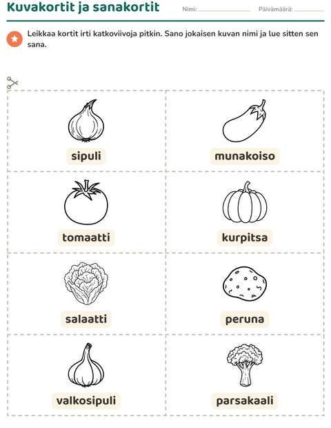 Esikatselu: Kuvakortit-tehtäväarkki, aiheena Vihannekset MV, Esiopetus