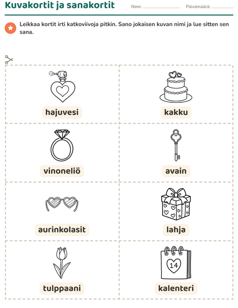 Esikatselu: Kuvakortit-tehtäväarkki, aiheena Ystävänpäivä MV 2, Esiopetus