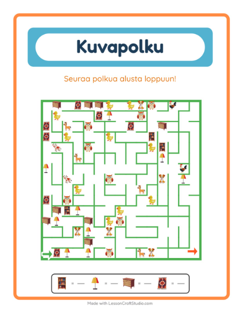 Esikatselu: Kuvapolku-tehtäväarkki, aiheena Huonekalut, Esiopetus
