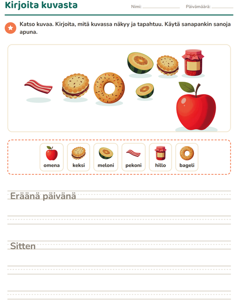 Esikatselu: Kuvasta kirjoittaminen-tehtäväarkki, aiheena Aamiainen, 2. luokka