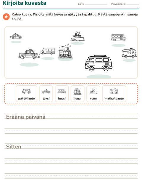 Esikatselu: Kuvasta kirjoittaminen-tehtäväarkki, aiheena Ajoneuvot MV 2, 2. luokka