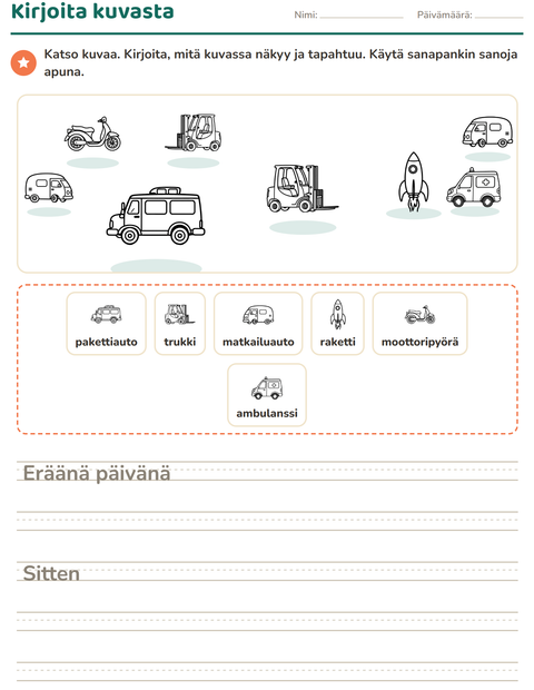 Esikatselu: Kuvasta kirjoittaminen-tehtäväarkki, aiheena Ajoneuvot MV 3, 2. luokka