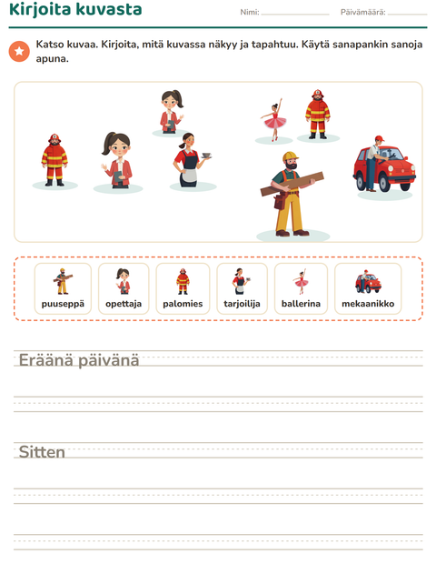 Esikatselu: Kuvasta kirjoittaminen-tehtäväarkki, aiheena Ammatit, 2. luokka