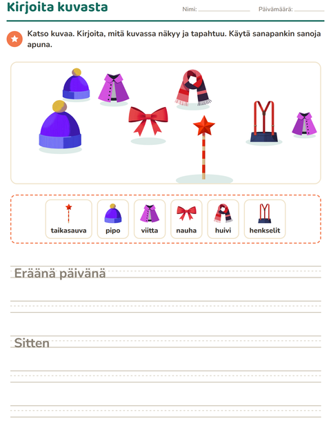 Esikatselu: Kuvasta kirjoittaminen-tehtäväarkki, aiheena Asusteet, 2. luokka
