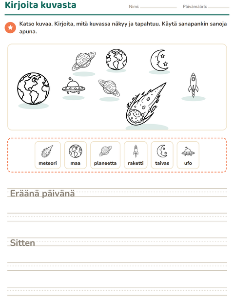 Esikatselu: Kuvasta kirjoittaminen-tehtäväarkki, aiheena Avaruus MV, 2. luokka