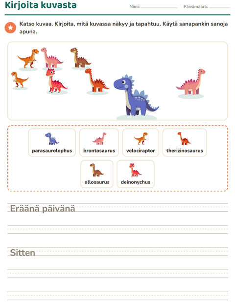 Esikatselu: Kuvasta kirjoittaminen-tehtäväarkki, aiheena Dinosaurukset, 2. luokka