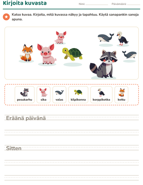 Esikatselu: Kuvasta kirjoittaminen-tehtäväarkki, aiheena Eläimet, 2. luokka