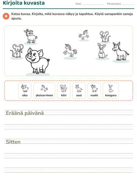Esikatselu: Kuvasta kirjoittaminen-tehtäväarkki, aiheena Eläimet MV 4, 2. luokka