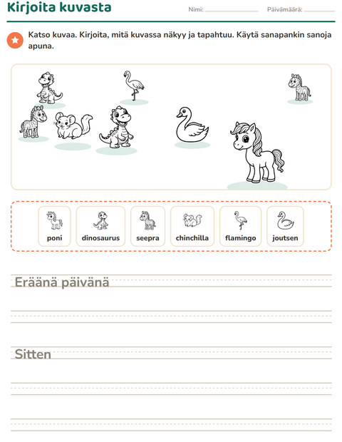 Esikatselu: Kuvasta kirjoittaminen-tehtäväarkki, aiheena Eläimet MV 5, 2. luokka