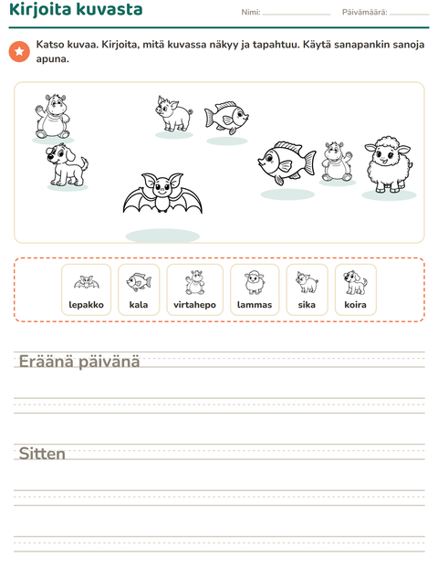 Esikatselu: Kuvasta kirjoittaminen-tehtäväarkki, aiheena Eläimet MV, 2. luokka