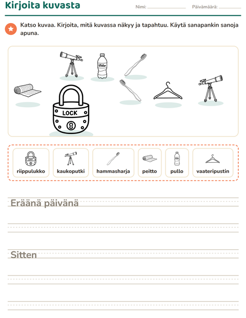 Esikatselu: Kuvasta kirjoittaminen-tehtäväarkki, aiheena Esineet MV, 2. luokka