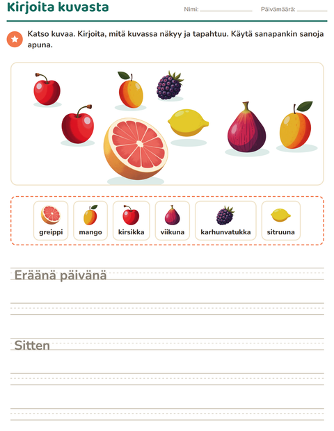 Esikatselu: Kuvasta kirjoittaminen-tehtäväarkki, aiheena Hedelmät, 2. luokka