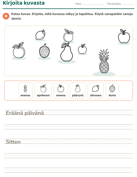Esikatselu: Kuvasta kirjoittaminen-tehtäväarkki, aiheena Hedelmät MV, 2. luokka