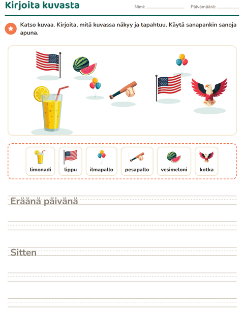 Esikatselu: Kuvasta kirjoittaminen-tehtäväarkki, aiheena Heinäkuun 4., 2. luokka