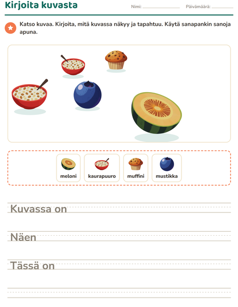 Esikatselu: Kuvasta kirjoittaminen-tehtäväarkki, aiheena Aamiainen, 2. luokka