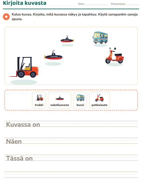 Esikatselu: Kuvasta kirjoittaminen-tehtäväarkki, aiheena Ajoneuvot, 2. luokka