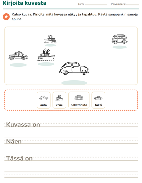Esikatselu: Kuvasta kirjoittaminen-tehtäväarkki, aiheena Ajoneuvot MV 2, 2. luokka