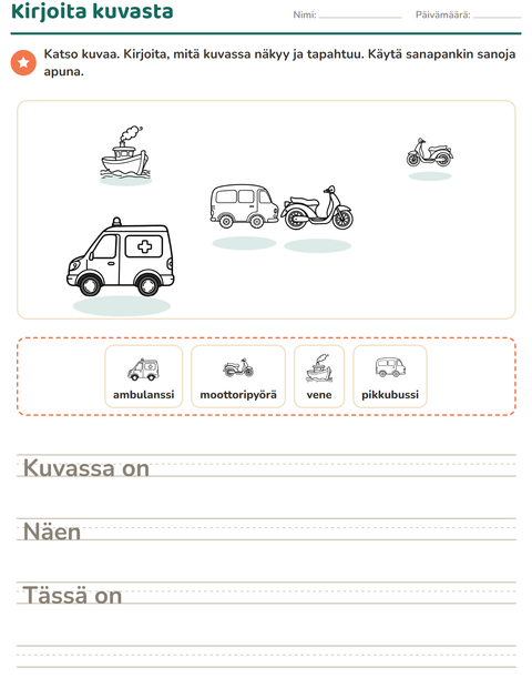 Esikatselu: Kuvasta kirjoittaminen-tehtäväarkki, aiheena Ajoneuvot MV 3, 2. luokka