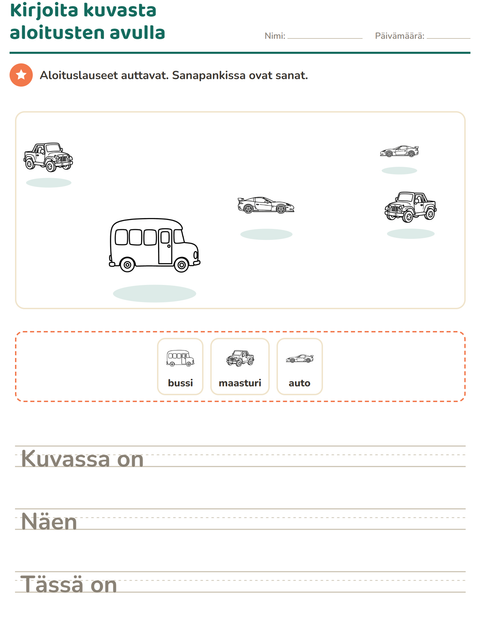 Esikatselu: Kuvasta kirjoittaminen-tehtäväarkki, aiheena Ajoneuvot MV, 2. luokka