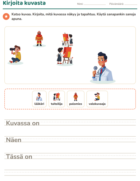 Esikatselu: Kuvasta kirjoittaminen-tehtäväarkki, aiheena Ammatit, 2. luokka