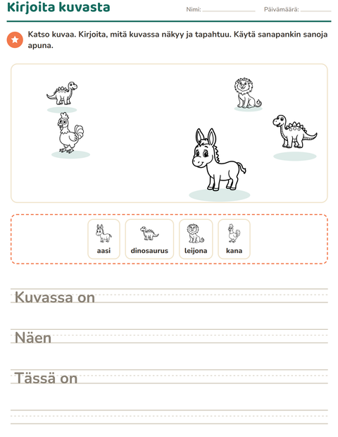 Esikatselu: Kuvasta kirjoittaminen-tehtäväarkki, aiheena Eläimet MV 3, 2. luokka