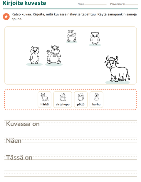 Esikatselu: Kuvasta kirjoittaminen-tehtäväarkki, aiheena Eläimet MV, 2. luokka