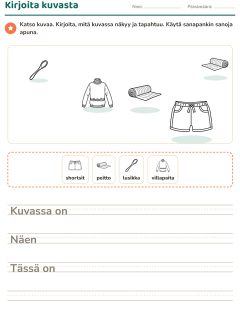 Esikatselu: Kuvasta kirjoittaminen-tehtäväarkki, aiheena Esineet MV, 2. luokka