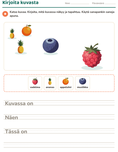 Esikatselu: Kuvasta kirjoittaminen-tehtäväarkki, aiheena Hedelmät, 2. luokka
