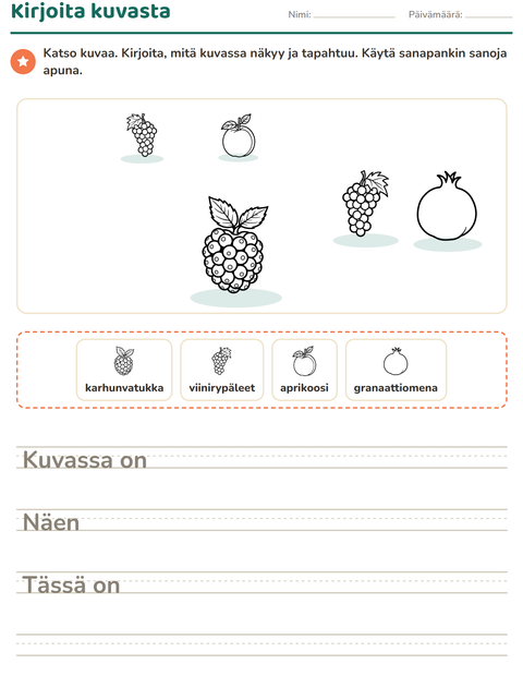 Esikatselu: Kuvasta kirjoittaminen-tehtäväarkki, aiheena Hedelmät MV, 2. luokka