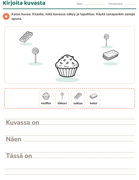 Esikatselu: Kuvasta kirjoittaminen-tehtäväarkki, aiheena Jälkiruoka (M/V), 2. luokka
