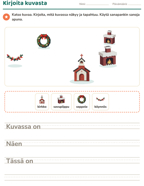 Esikatselu: Kuvasta kirjoittaminen-tehtäväarkki, aiheena Joulu, 2. luokka