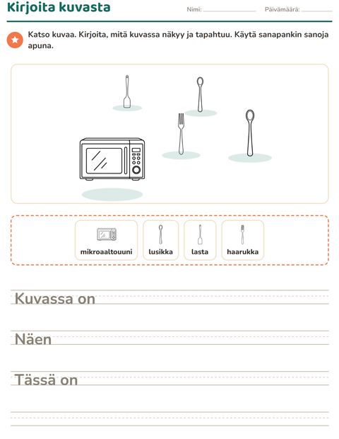 Esikatselu: Kuvasta kirjoittaminen-tehtäväarkki, aiheena Keittiö MV, 2. luokka