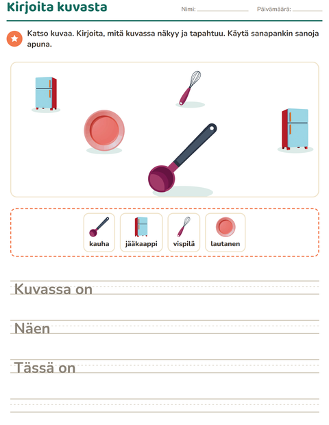Esikatselu: Kuvasta kirjoittaminen-tehtäväarkki, aiheena Keittiövälineet, 2. luokka