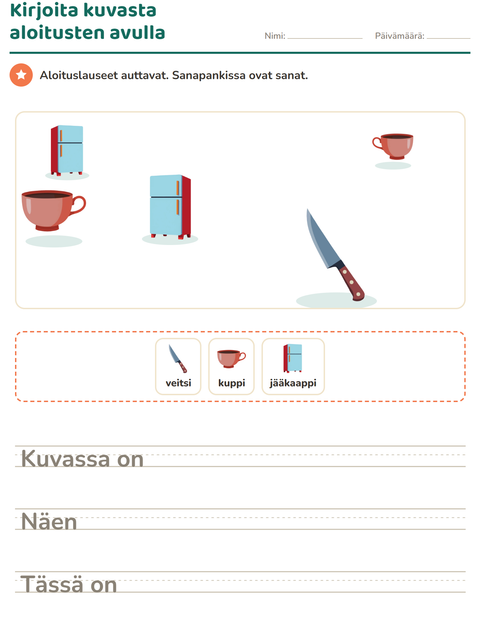 Esikatselu: Kuvasta kirjoittaminen-tehtäväarkki, aiheena Keittiövälineet, 2. luokka