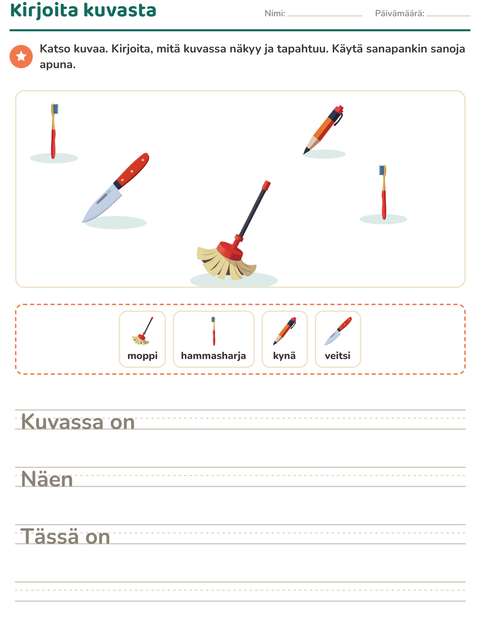 Esikatselu: Kuvasta kirjoittaminen-tehtäväarkki, aiheena Kodin ympärillä, 2. luokka