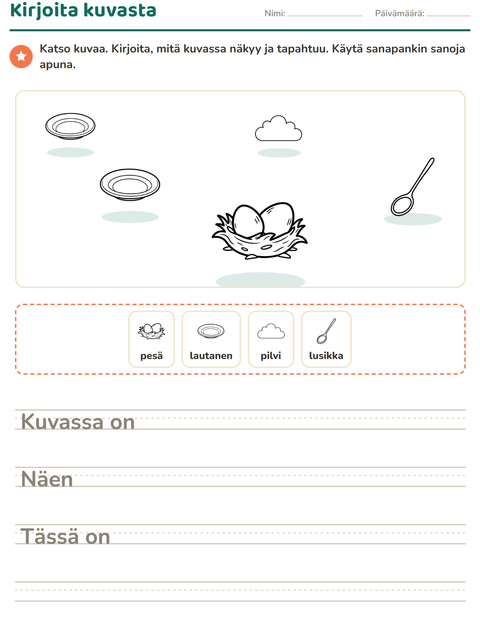 Esikatselu: Kuvasta kirjoittaminen-tehtäväarkki, aiheena Koti ja Luonto MV, 2. luokka