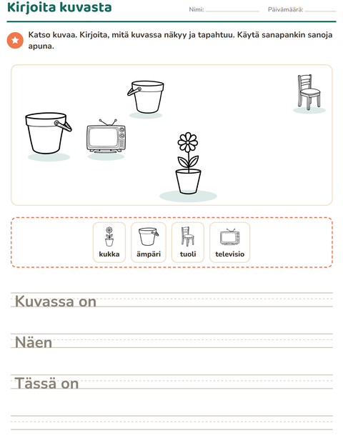 Esikatselu: Kuvasta kirjoittaminen-tehtäväarkki, aiheena Koti MV 2, 2. luokka