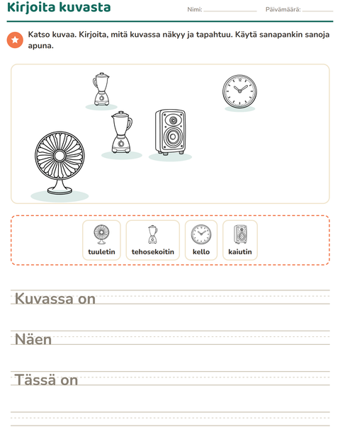 Esikatselu: Kuvasta kirjoittaminen-tehtäväarkki, aiheena Koti MV, 2. luokka