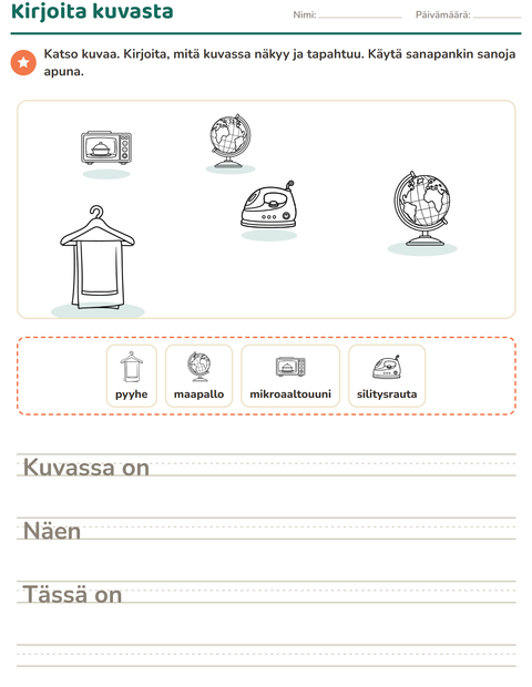 Esikatselu: Kuvasta kirjoittaminen-tehtäväarkki, aiheena Kotitalous MV, 2. luokka