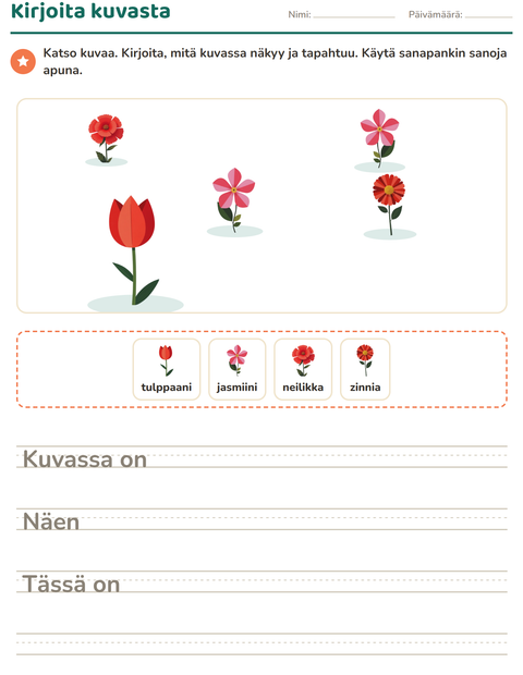 Esikatselu: Kuvasta kirjoittaminen-tehtäväarkki, aiheena Kukat, 2. luokka