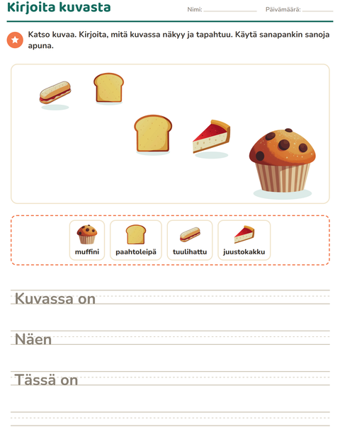 Esikatselu: Kuvasta kirjoittaminen-tehtäväarkki, aiheena Leipomo, 2. luokka