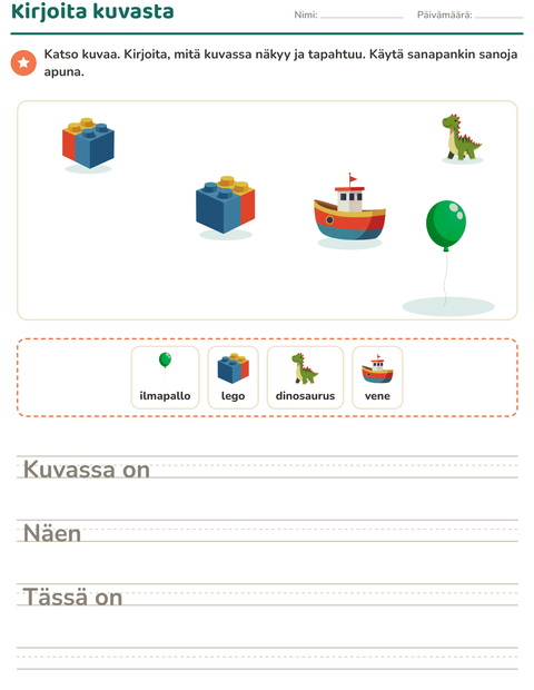 Esikatselu: Kuvasta kirjoittaminen-tehtäväarkki, aiheena Lelut, 2. luokka