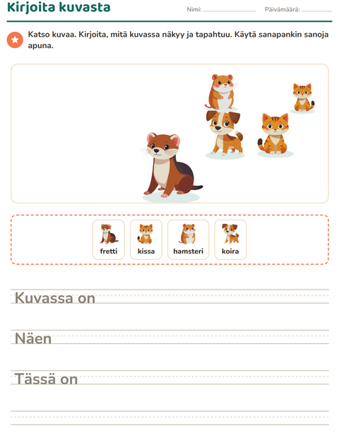 Esikatselu: Kuvasta kirjoittaminen-tehtäväarkki, aiheena Lemmikit, 2. luokka