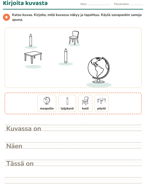 Esikatselu: Kuvasta kirjoittaminen-tehtäväarkki, aiheena Luokkahuone 2 (M/V), 2. luokka