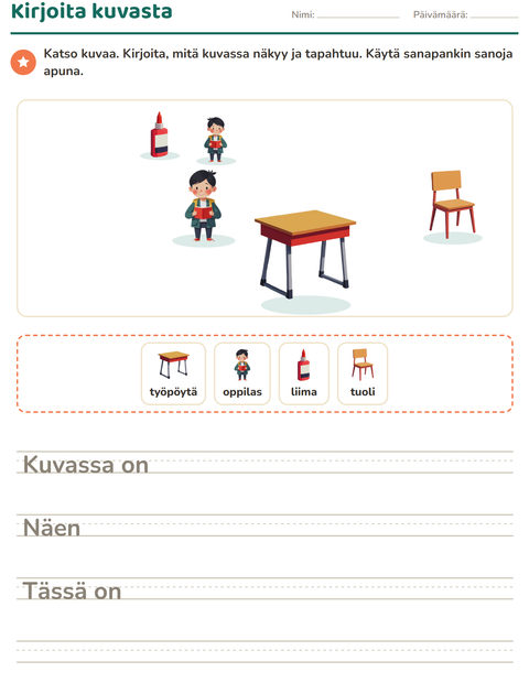 Esikatselu: Kuvasta kirjoittaminen-tehtäväarkki, aiheena Luokkahuone, 2. luokka
