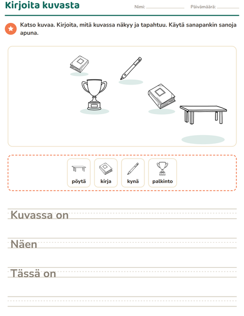 Esikatselu: Kuvasta kirjoittaminen-tehtäväarkki, aiheena Luokkahuone (M/V), 2. luokka